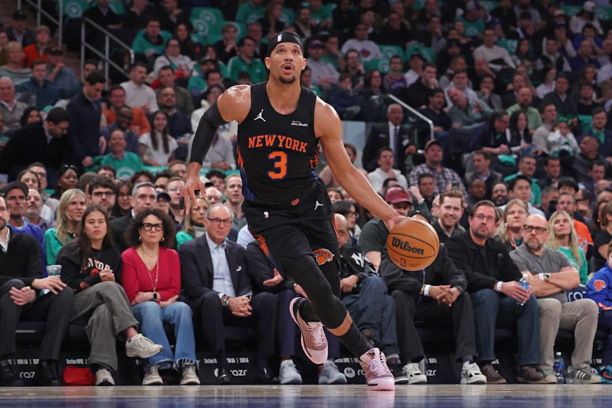 An image collage containing 1 images, Image 1 shows New York Knicks guard Josh Hart #3 drives down court
