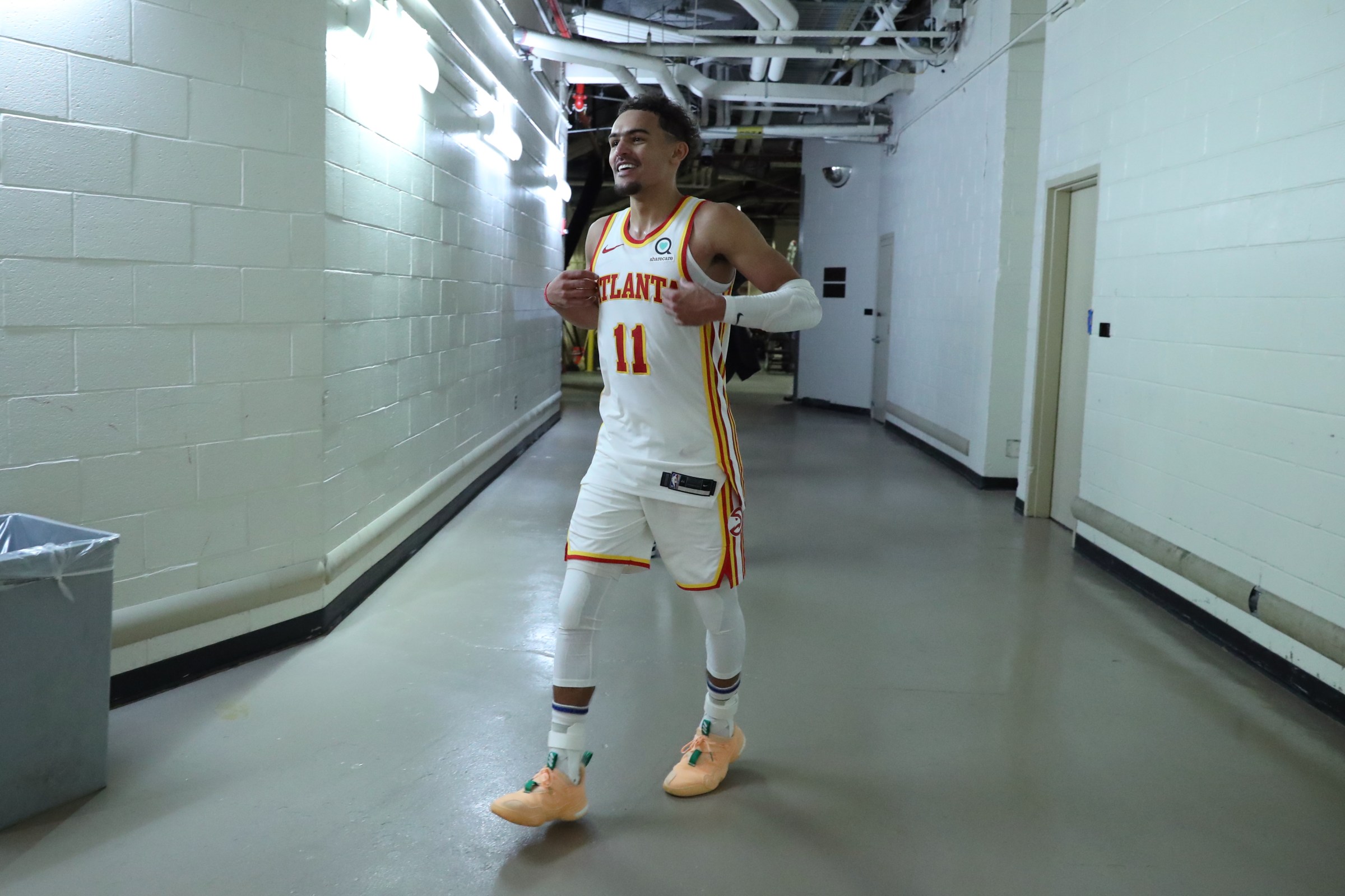 NEW YORK, NY - JUNE 2: Trae Young #11 of the Atlanta Hawks smiles after the game against the New York Knicks during Round 1, Game 5 of the 2021 NBA Playoffs on June 2, 2021 at Madison Square Garden in New York City, New York. NOTE TO USER: User expressly acknowledges and agrees that, by downloading and or using this photograph, User is consenting to the terms and conditions of the Getty Images License Agreement. Mandatory Copyright Notice: Copyright 2021 NBAE (Photo by Nathaniel S. Butler/NBAE via Getty Images)