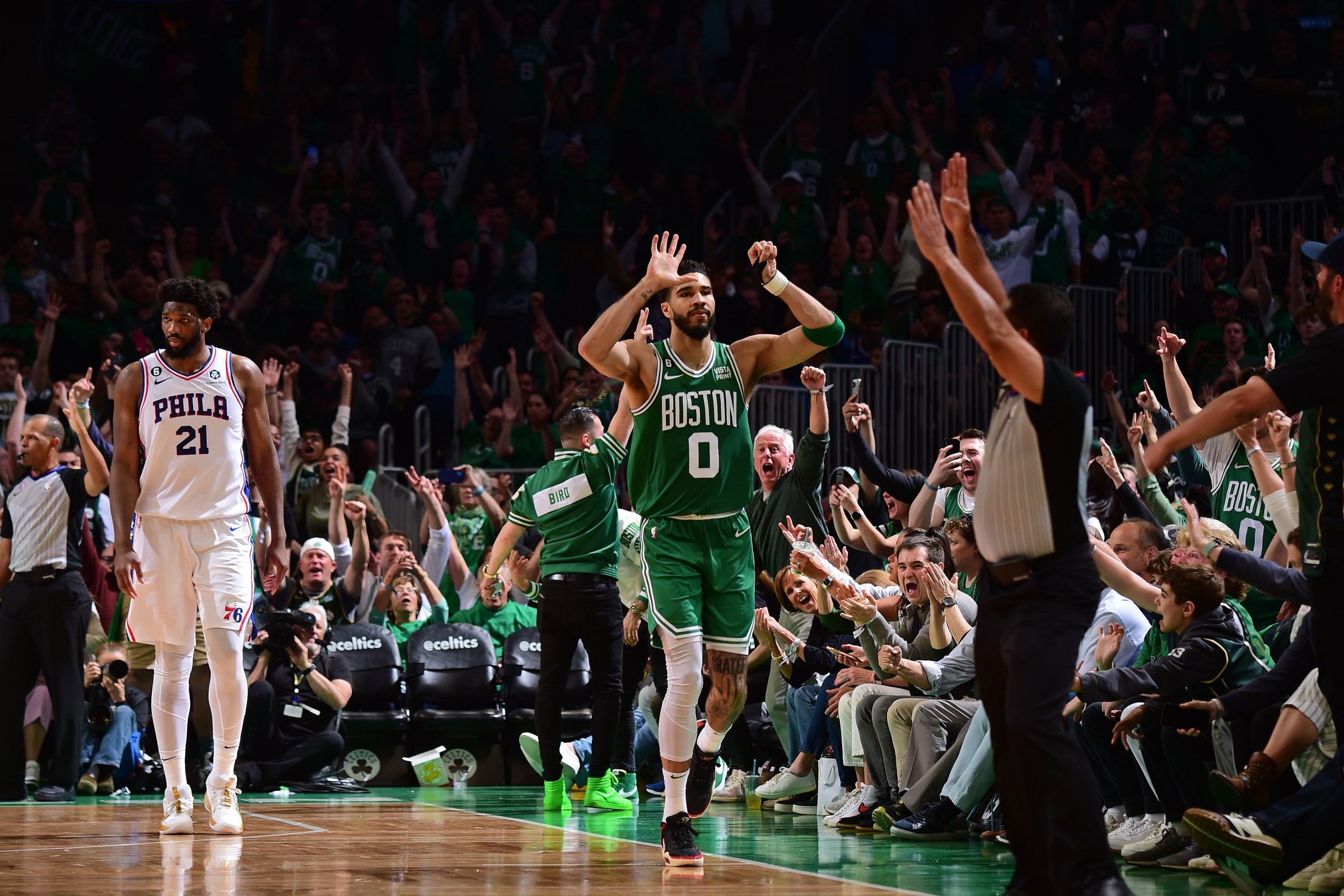BOSTON, MA - MAY 14: Jayson Tatum #0 of the Boston Celtics celebrates during the game against the Philadelphia 76ers during the Eastern Conference Semi-Finals of the 2023 NBA Playoffs on May 14, 2023 at the TD Garden in Boston, Massachusetts. NOTE TO USER: User expressly acknowledges and agrees that, by downloading and or using this photograph, User is consenting to the terms and conditions of the Getty Images License Agreement. Mandatory Copyright Notice: Copyright 2023 NBAE (Photo by Brian Babineau/NBAE via Getty Images)