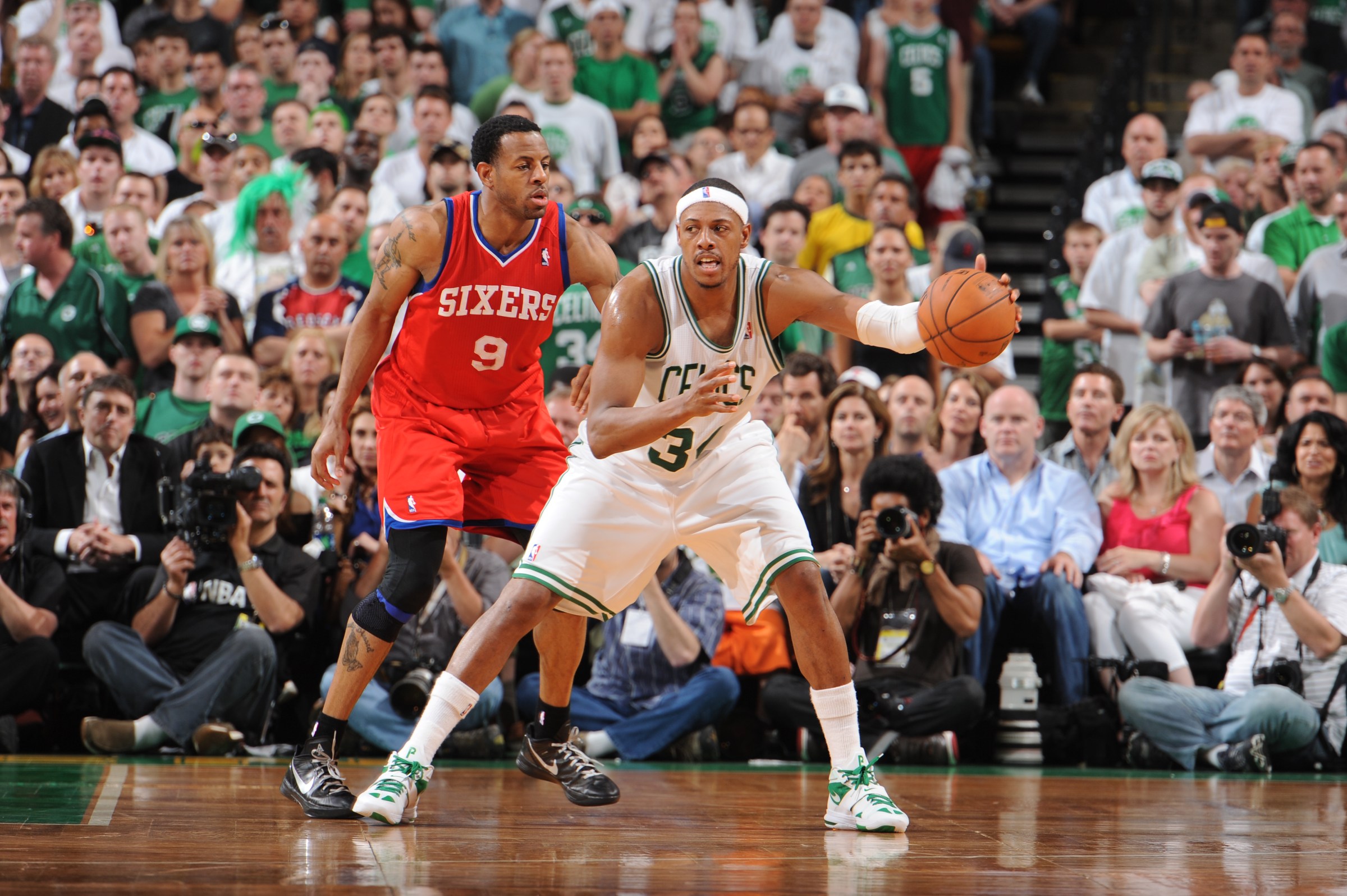 BOSTON, MA - MAY 26: Paul Pierce #34 of the Boston Celtics protects the ball during Game Seven of the Eastern Conference Semifinals between the Boston Celtics and the Philadelphia 76ers during the 2012 NBA Playoffs on May 26, 2012 at TD Garden in Boston, Massachusetts. NOTE TO USER: User expressly acknowledges and agrees that, by downloading and or using this photograph, User is consenting to the terms and conditions of the Getty Images License Agreement. Mandatory Copyright Notice: Copyright 2012 NBAE (Photo by Brian Babineau/NBAE via Getty Images)