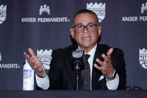 SACRAMENTO, CA - MAY 2: Scott Perry and the Sacramento Kings hold a press conference to announce Doug Christie as Head Coach on May 2, 2025 at the Golden 1 Center in Sacramento, California. NOTE TO USER: User expressly acknowledges and agrees that, by downloading and/or using this Photograph, user is consenting to the terms and conditions of the Getty Images License Agreement. Mandatory Copyright Notice: Copyright 2025 NBAE (Photo by Rocky Widner/NBAE via Getty Images)