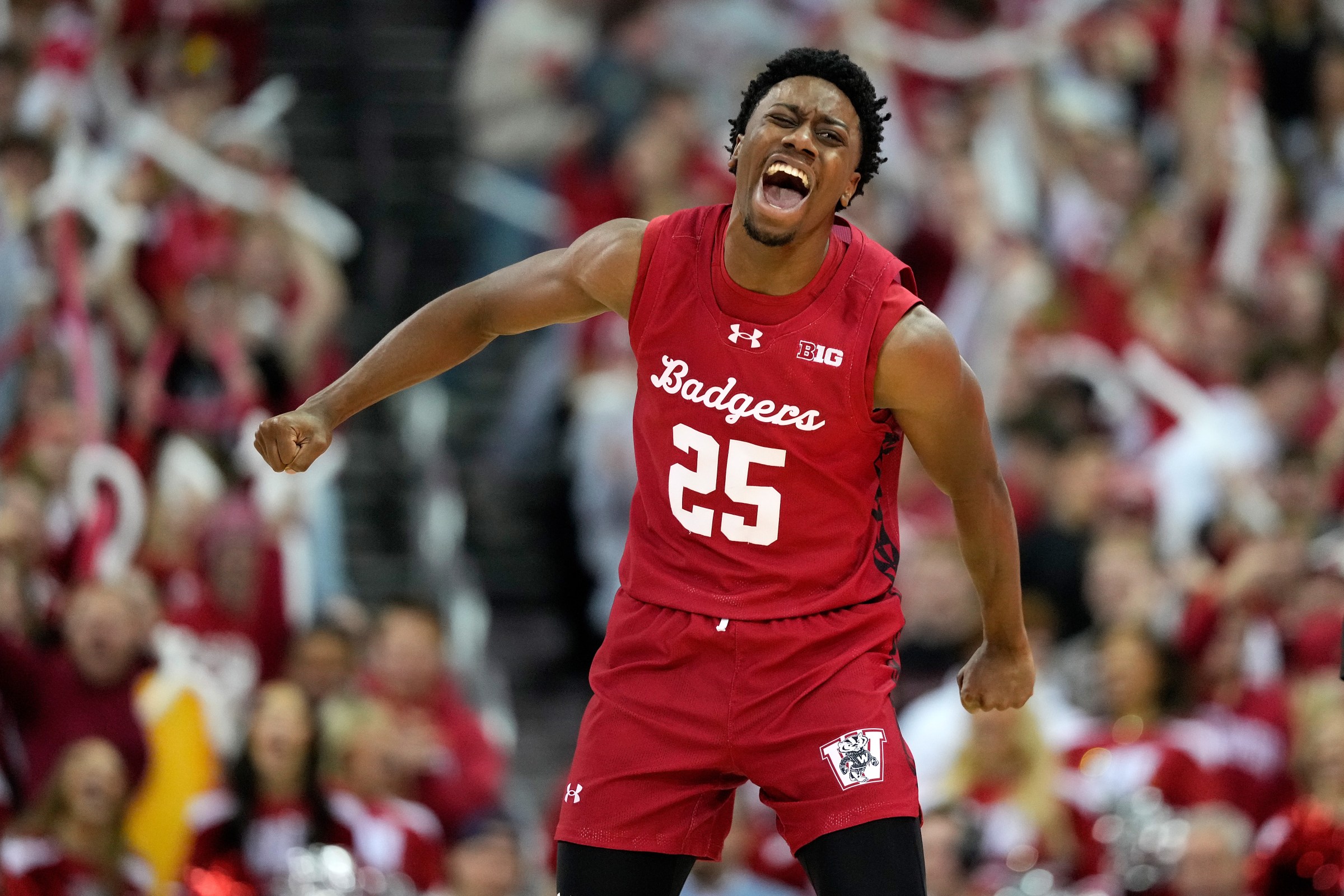 MADISON, WISCONSIN - JANUARY 28: John Blackwell #25 of the Wisconsin Badgers reacts after scoring against the Minnesota Golden Gophers during the second half of the game at Kohl Center on January 28, 2026 in Madison, Wisconsin. (Photo by John Fisher/Getty Images)