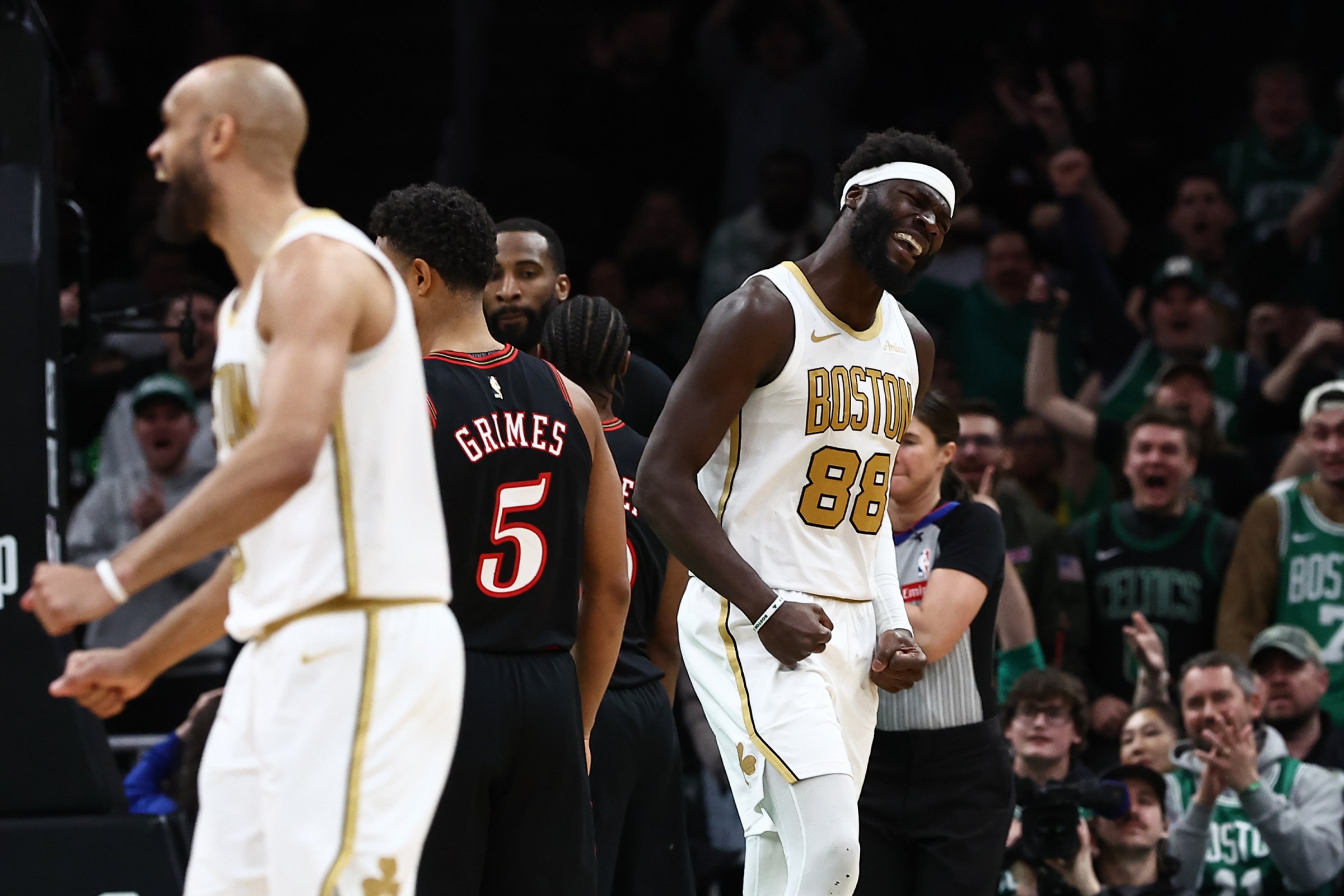 BOSTON, MA - MARCH 1: Neemias Queta #88 of the Boston Celtics celebrates after a dunk against the Philadelphia 76ers during the second half at TD Garden on March 1, 2026 in Boston, Massachusetts. NOTE TO USER: User expressly acknowledges and agrees that, by downloading and/or using this Photograph, user is consenting to the terms and conditions of the Getty Images License Agreement. (Photo By Winslow Townson/Getty Images)