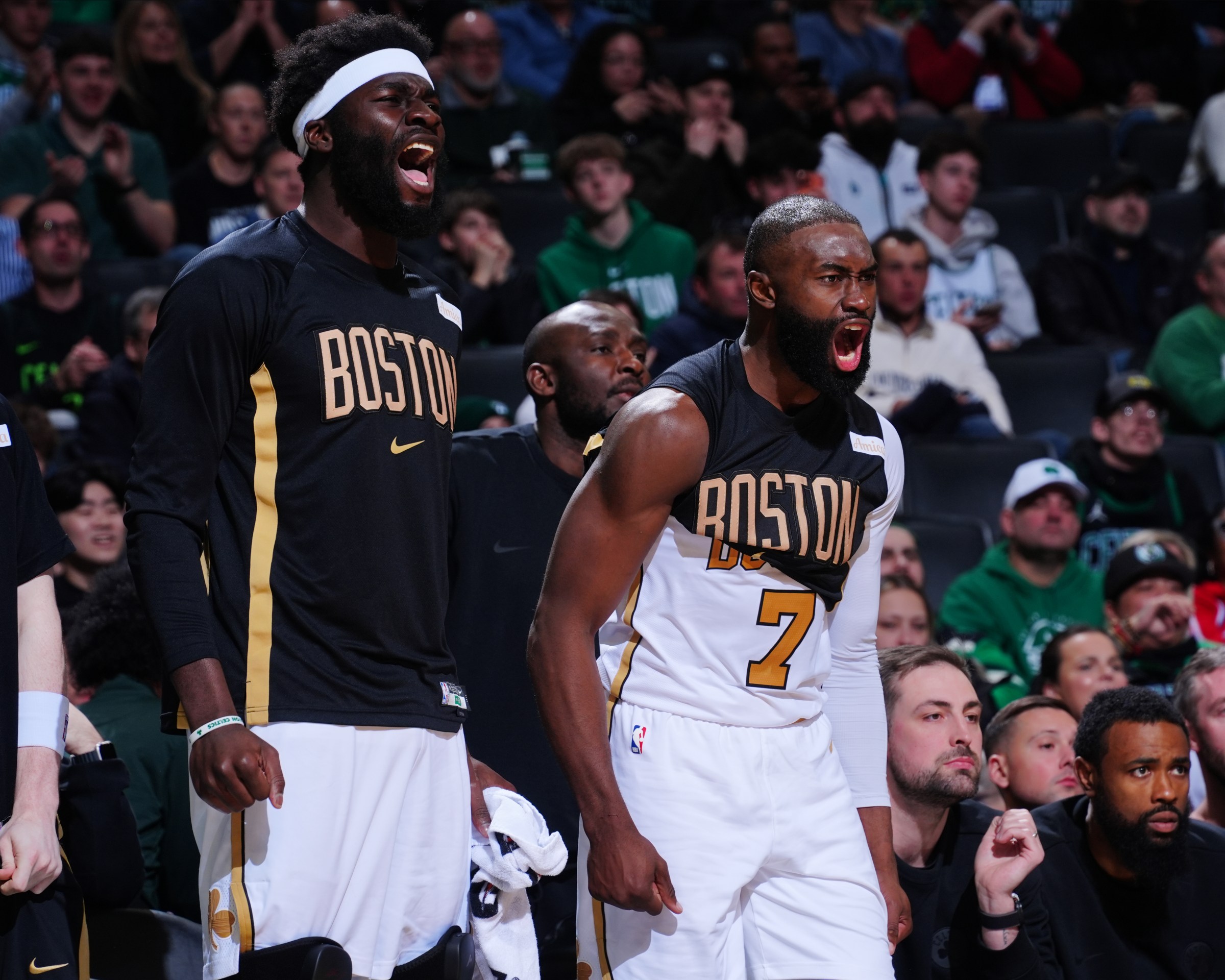 BOSTON, MA - MARCH 1: Neemias Queta #88 and Jaylen Brown #7 of the Boston Celtics celebrate during the game against the Philadelphia 76ers on March 1, 2026 at TD Garden in Boston, Massachusetts. NOTE TO USER: User expressly acknowledges and agrees that, by downloading and/or using this Photograph, user is consenting to the terms and conditions of the Getty Images License Agreement. Mandatory Copyright Notice: Copyright 2026 NBAE (Photo by Brian Babineau/NBAE via Getty Images)