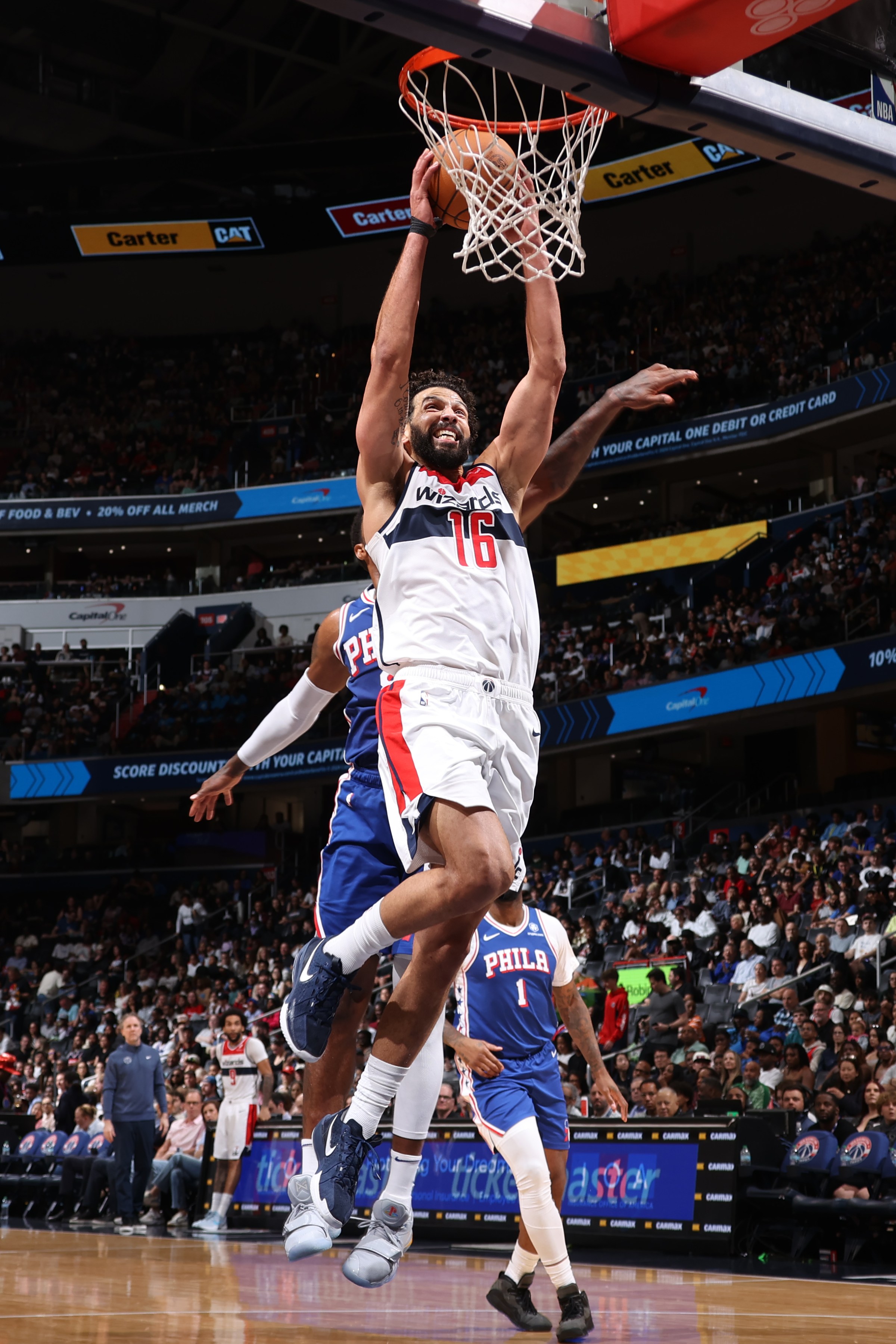 Anthony Gill dunks during the Wizards loss to the Philadelphia 76ers. (Photo by Kenny Giarla/NBAE via Getty Images)