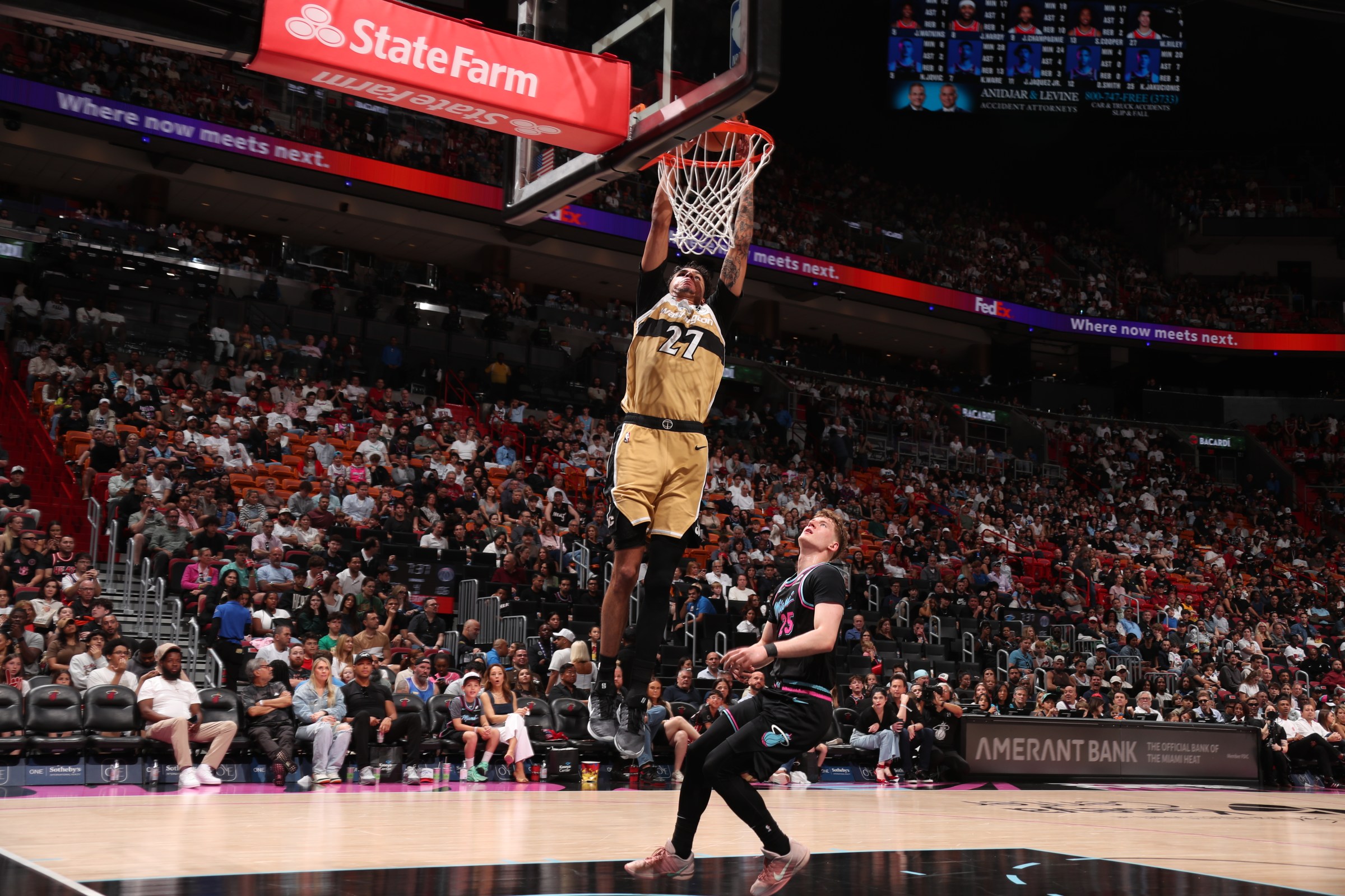 Will Riley dunks during the Washington Wizards loss to the Miami Heat. (Photo by Issac Baldizon/NBAE via Getty Images)