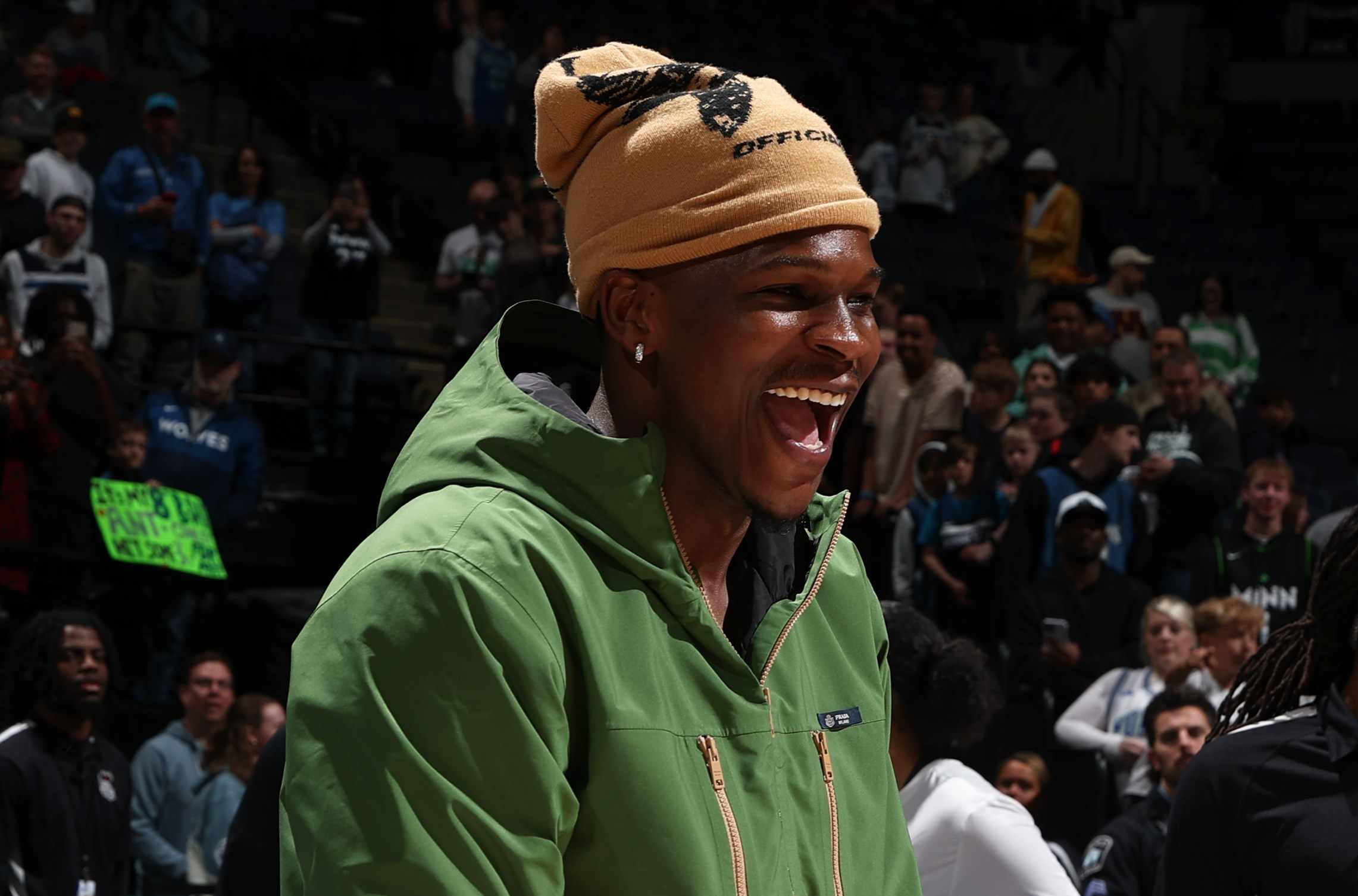MINNEAPOLIS, MN - APRIL 5: Anthony Edwards #5 of the Minnesota Timberwolves smiles after the game against the Charlotte Hornets on April 5, 2026 at Target Center in Minneapolis, Minnesota. NOTE TO USER: User expressly acknowledges and agrees that, by downloading and or using this Photograph, user is consenting to the terms and conditions of the Getty Images License Agreement. Mandatory Copyright Notice: Copyright 2026 NBAE (Photo by David Sherman/NBAE via Getty Images)