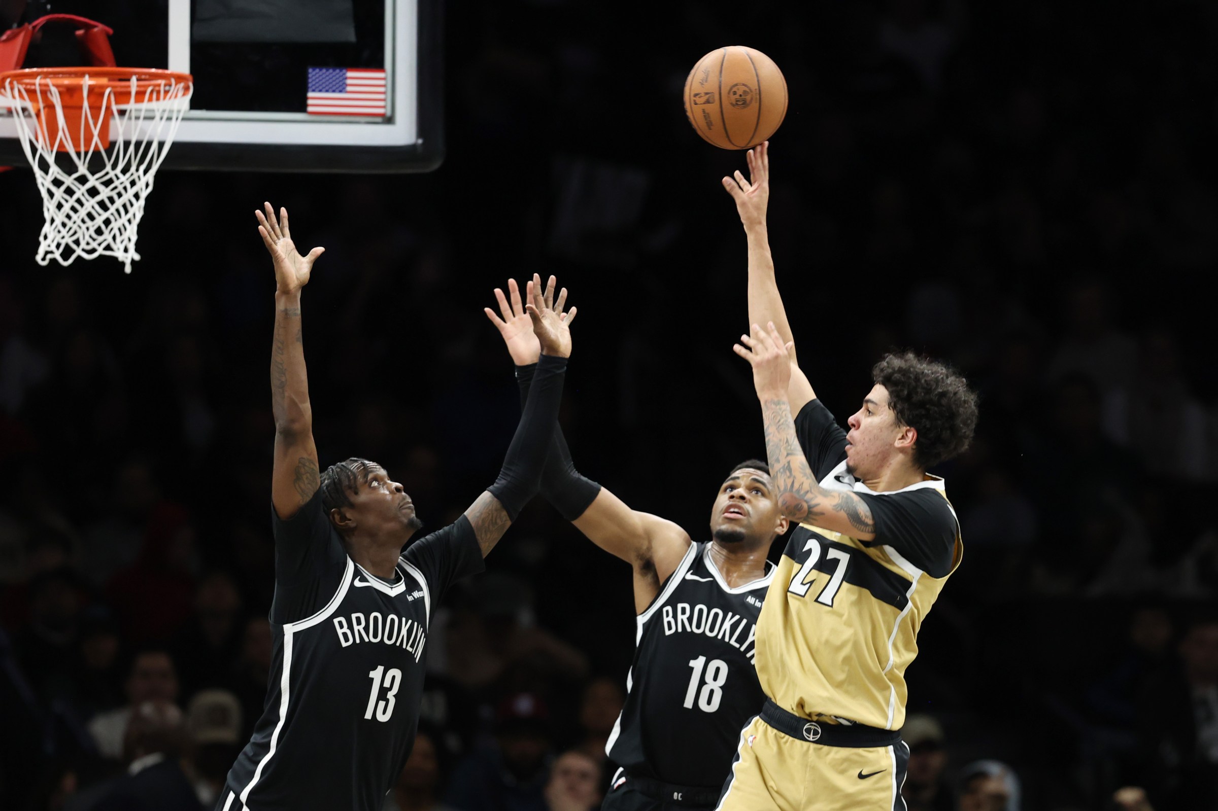 Will Riley attacks the paint during the Washington Wizards loss to the Brooklyn Nets. (Photo by Pamela Smith/Getty Images)