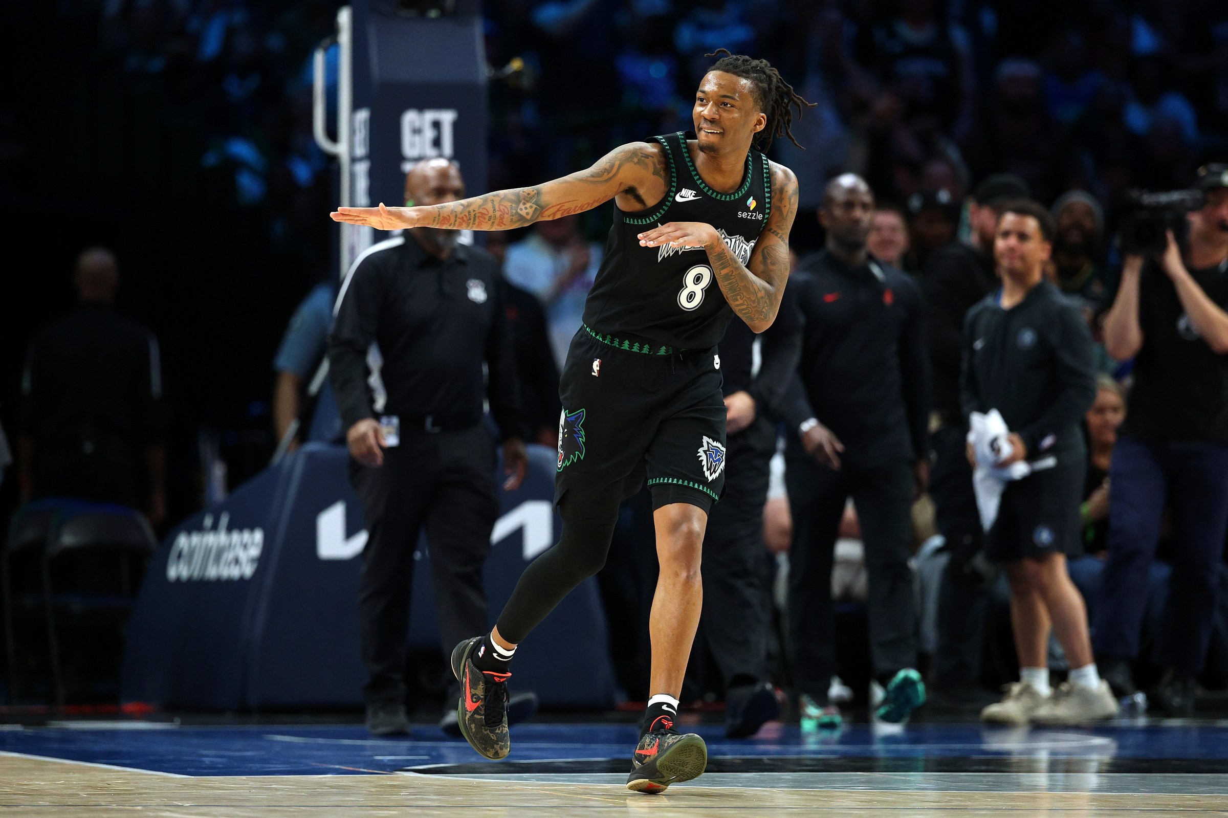 MINNEAPOLIS, MINNESOTA - MARCH 25: Bones Hyland #8 of the Minnesota Timberwolves celebrates against the Houston Rockets in the third quarter at Target Center on March 25, 2026 in Minneapolis, Minnesota. The Timberwolves defeated the Rockets 110-108 in overtime. NOTE TO USER: User expressly acknowledges and agrees that, by downloading and or using this photograph, User is consenting to the terms and conditions of the Getty Images License Agreement. (Photo by David Berding/Getty Images)