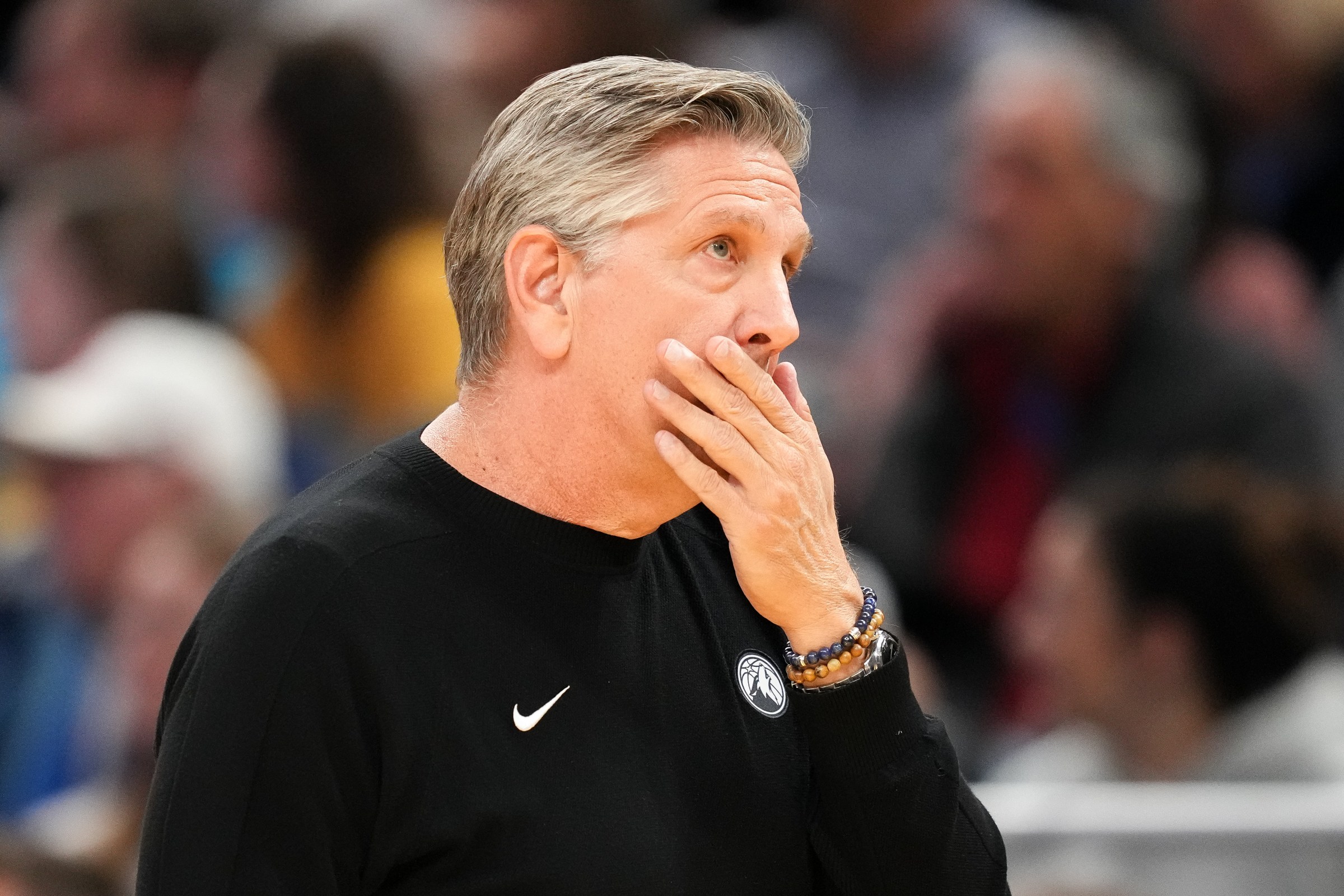 INDIANAPOLIS, INDIANA - APRIL 07: Head coach Chris Finch of the Minnesota Timberwolves looks on in the first quarter against the Indiana Pacers at Gainbridge Fieldhouse on April 07, 2026 in Indianapolis, Indiana. NOTE TO USER: User expressly acknowledges and agrees that, by downloading and or using this photograph, User is consenting to the terms and conditions of the Getty Images License Agreement. (Photo by Dylan Buell/Getty Images)