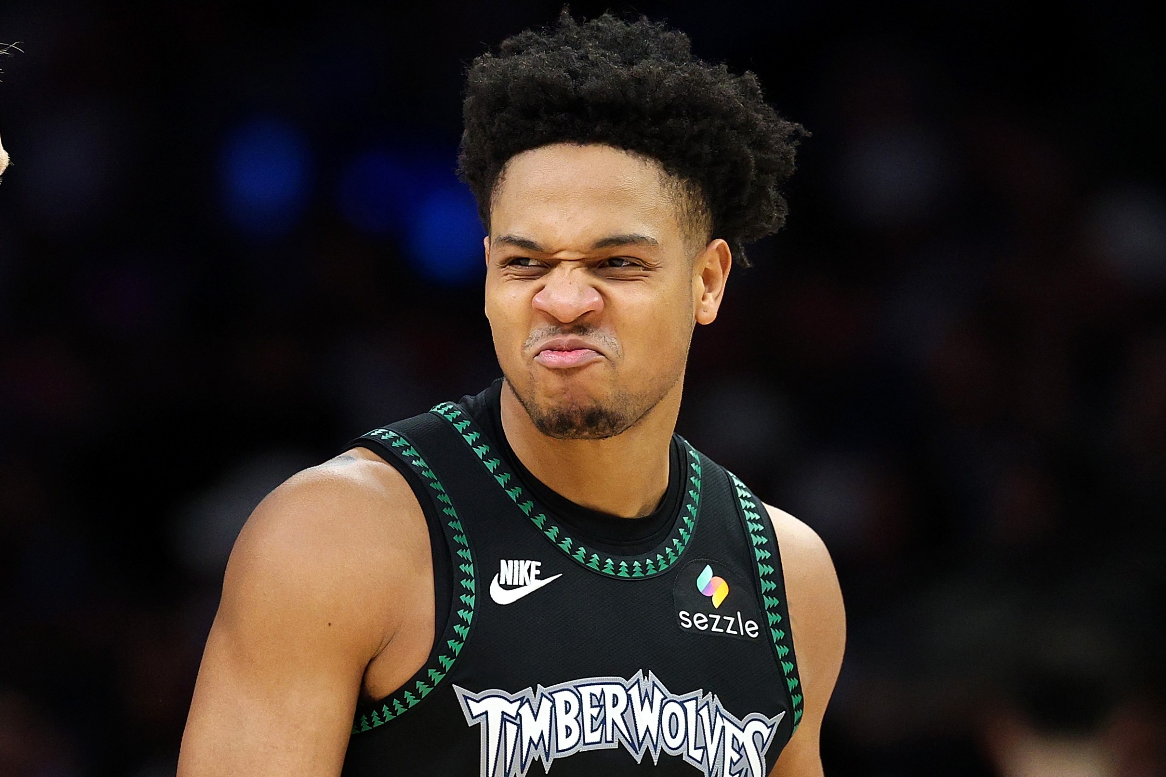 MINNEAPOLIS, MINNESOTA - APRIL 12: Terrence Shannon Jr. #1 reacts as Joe Ingles #7 of the Minnesota Timberwolves looks on against the New Orleans Pelicans in the fourth quarter at Target Center on April 12, 2026 in Minneapolis, Minnesota. The Timberwolves defeated the Pelicans 132-126. NOTE TO USER: User expressly acknowledges and agrees that, by downloading and or using this photograph, User is consenting to the terms and conditions of the Getty Images License Agreement. (Photo by David Berding/Getty Images)