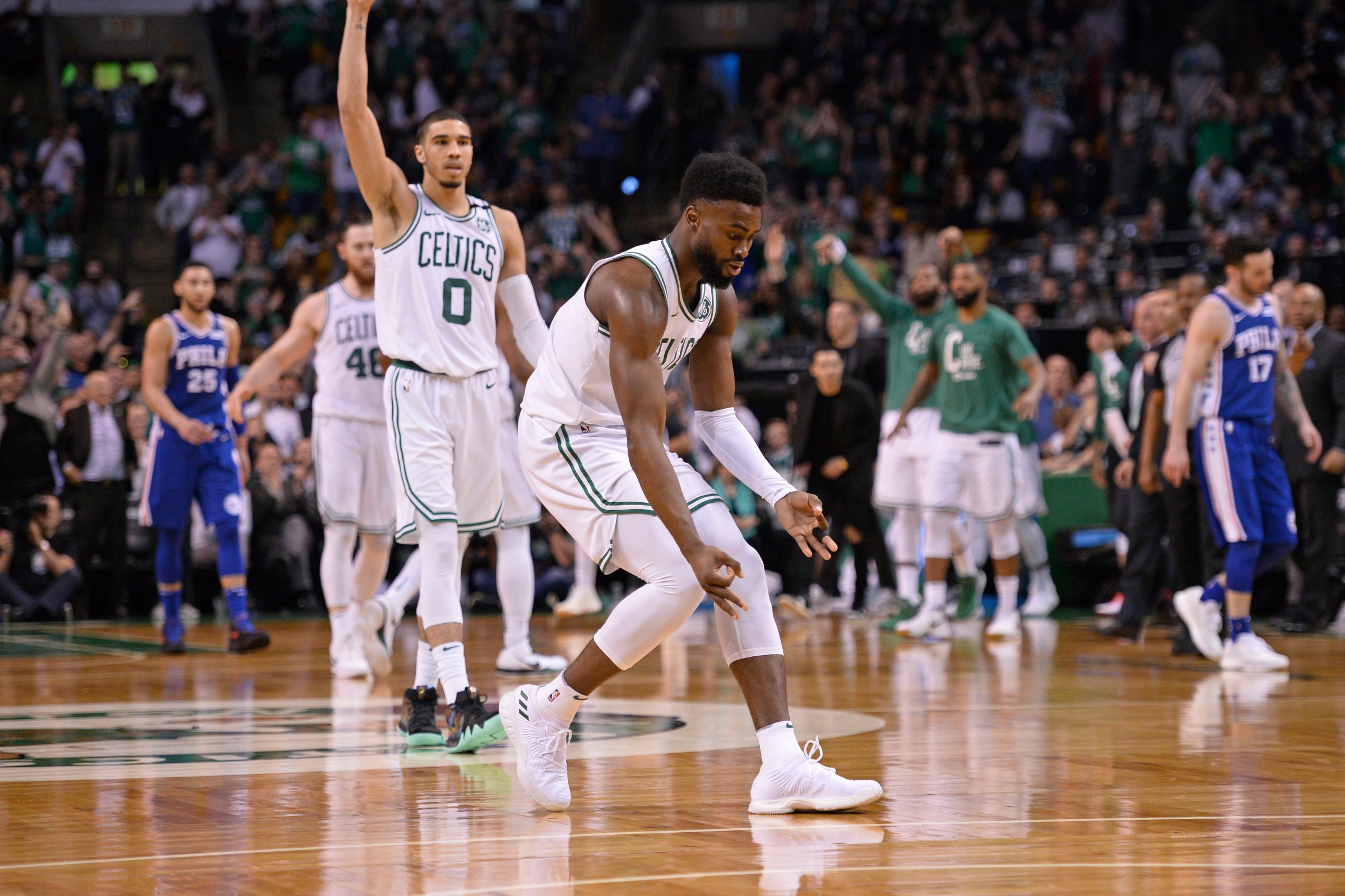BOSTON, MA - MAY 9: Jaylen Brown #7 of the Boston Celtics reacts against the Philadelphia 76ers during Game Five of the Eastern Conference Semifinals of the 2018 NBA Playoffs on May 9, 2018 at TD Garden in Boston, Massachusetts. NOTE TO USER: User expressly acknowledges and agrees that, by downloading and or using this Photograph, user is consenting to the terms and conditions of the Getty Images License Agreement. Mandatory Copyright Notice: Copyright 2018 NBAE (Photo by David Dow/NBAE via Getty Images)