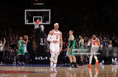 Josh Hart #3 of the New York Knicks celebrates a three-point basket against the Boston Celtics on April 9, 2026 at Madison Square Garden. (Photo by Nathaniel S. Butler/NBAE via Getty Images)