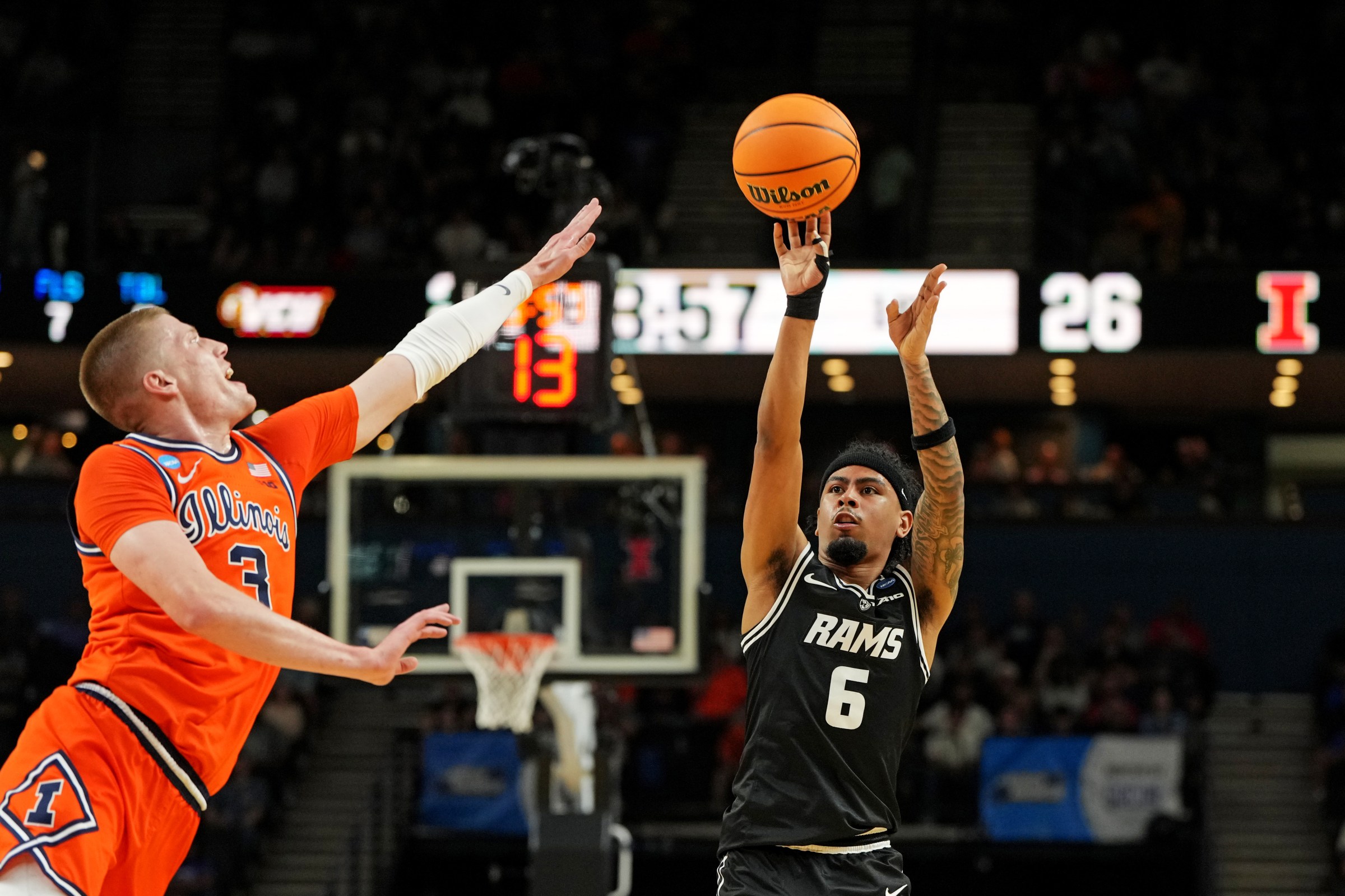Mar 21, 2026; Greenville, SC, USA; VCU Rams guard Terrence Hill Jr. (6) shoots for the basket during the second half against the Illinois Fighting Illini during a second round game of the men’s 2026 NCAA Tournament at Bon Secours Wellness Arena. Mandatory Credit: Bob Donnan-Imagn Images