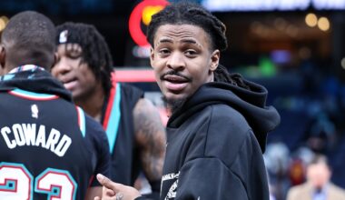 Ja Morant #12 of the Memphis Grizzlies looks on after a game against the Cleveland Cavaliers at FedExForum on April 06, 2026.