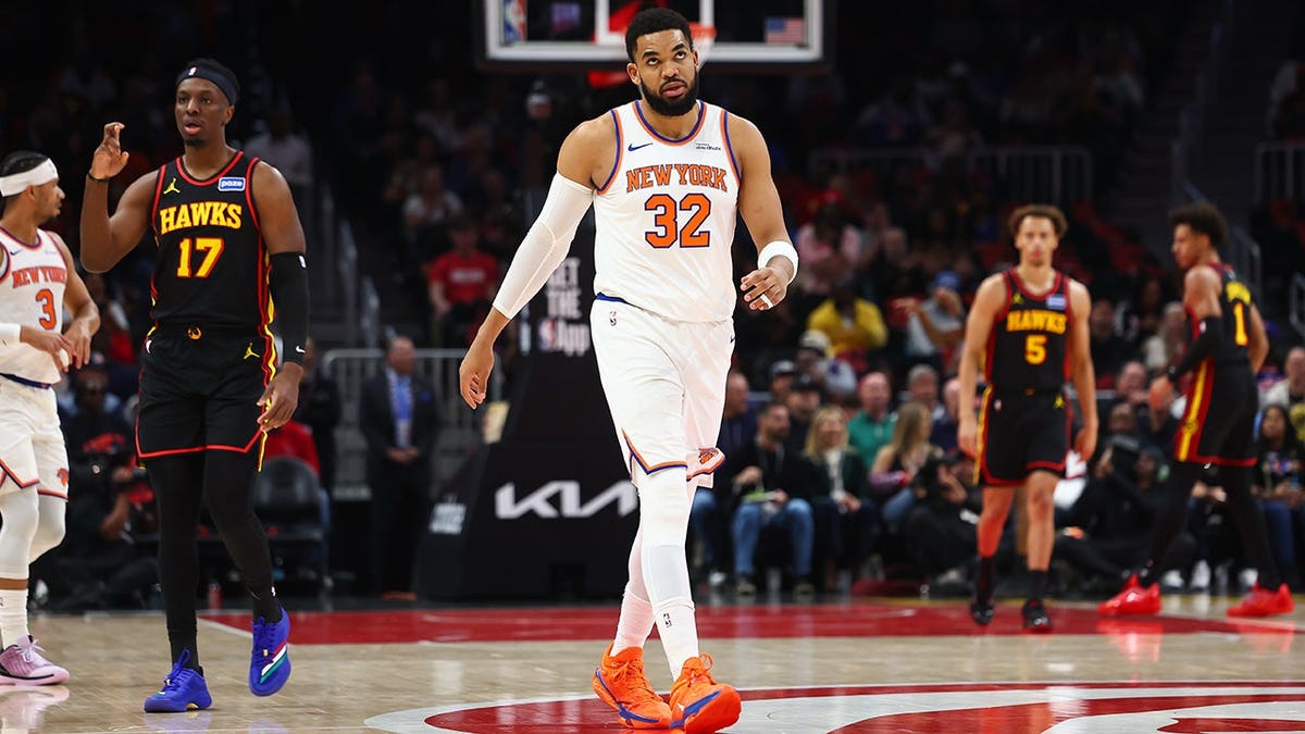 New York Knicks center Karl-Anthony Towns reacting during a basketball game against the Atlanta Hawks