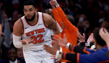 Karl-Anthony Towns #32 of the New York Knicks celebrates a three-pointer against the Atlanta Hawks in Game 1 of the Eastern Conference First Round at Madison Square Garden on April 18, 2026.