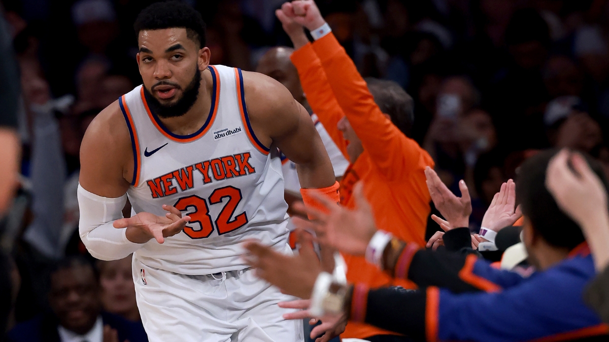 Karl-Anthony Towns #32 of the New York Knicks celebrates a three-pointer against the Atlanta Hawks in Game 1 of the Eastern Conference First Round at Madison Square Garden on April 18, 2026.