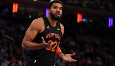 Karl-Anthony Towns #32 of the New York Knicks reacts to a foul call during a game against the New Orleans Pelicans at Madison Square Garden on March 24, 2026.