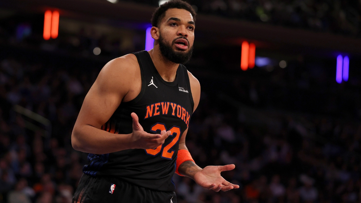Karl-Anthony Towns #32 of the New York Knicks reacts to a foul call during a game against the New Orleans Pelicans at Madison Square Garden on March 24, 2026.