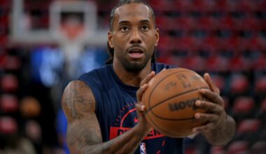 Los Angeles Clippers forward Kawhi Leonard (2) warms up prior to the game against the Golden State Warriors in the play-in rounds of the 2026 NBA Playoffs at Intuit Dome.