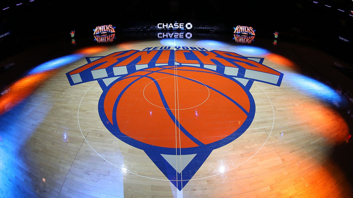 New York Knicks logo displayed on basketball court floor at Madison Square Garden
