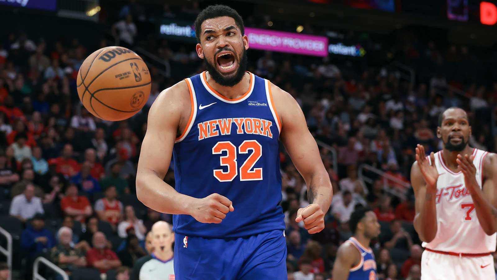 Mar 31, 2026; Houston, Texas, USA; New York Knicks center/forward Karl-Anthony Towns (32) reacts after a play during the third quarter against the Houston Rockets at Toyota Center. Troy Taormina-Imagn Images