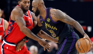 LeBron James #23 of the Los Angeles Lakers controls the ball against Kawhi Leonard #2 of the Los Angeles Clippers at Intuit Dome on January 22, 2026.