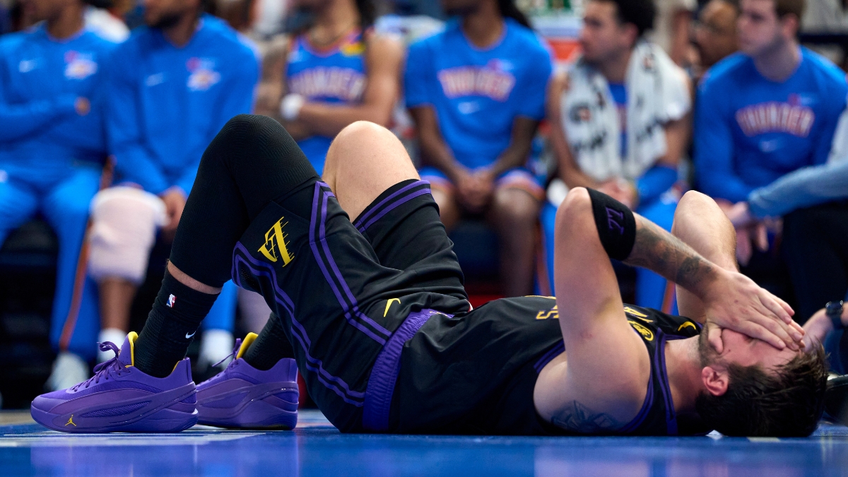 Luka Dončić #77 of the Los Angeles Lakers injured during a game against the Oklahoma City Thunder at Paycom Center on April 2, 2026.