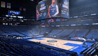 An overall view of the arena before the game between the Charlotte Hornets and the Orlando Magic during the SoFi NBA Play-In Tournament at Kia Center in Orlando, Florida, US, April 17, 2026. (AFP Photo)