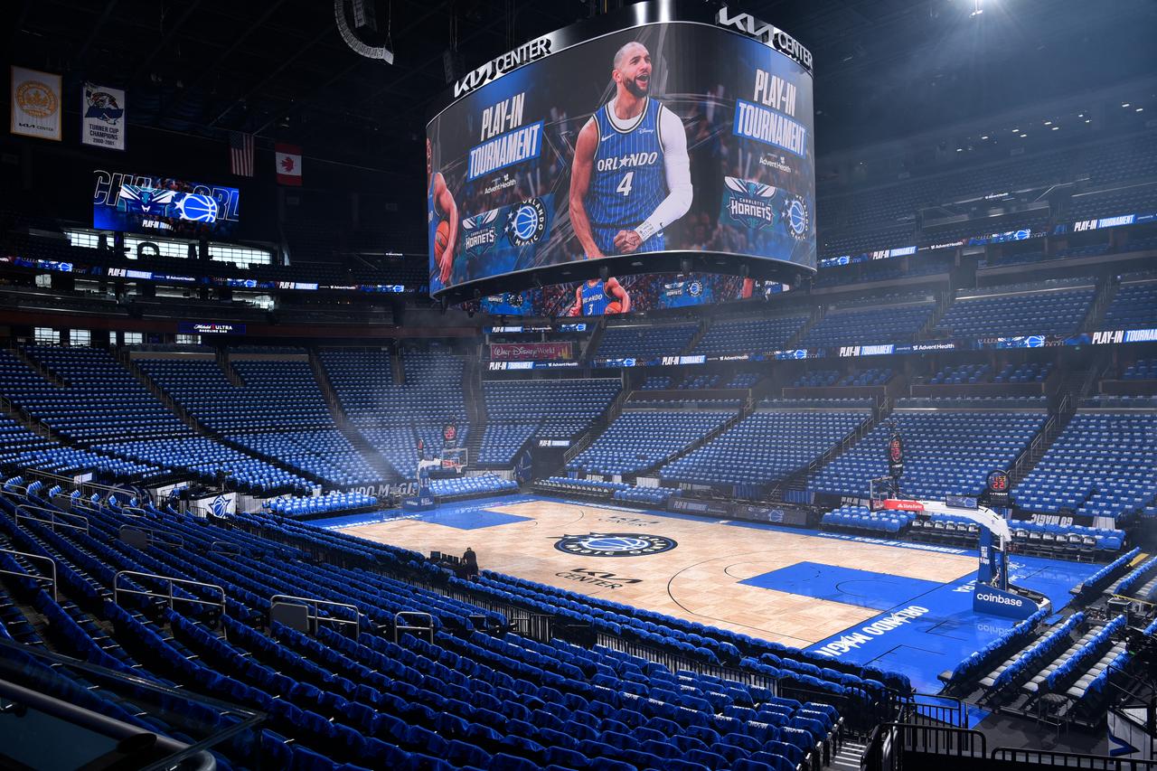 An overall view of the arena before the game between the Charlotte Hornets and the Orlando Magic during the SoFi NBA Play-In Tournament at Kia Center in Orlando, Florida, US, April 17, 2026. (AFP Photo)