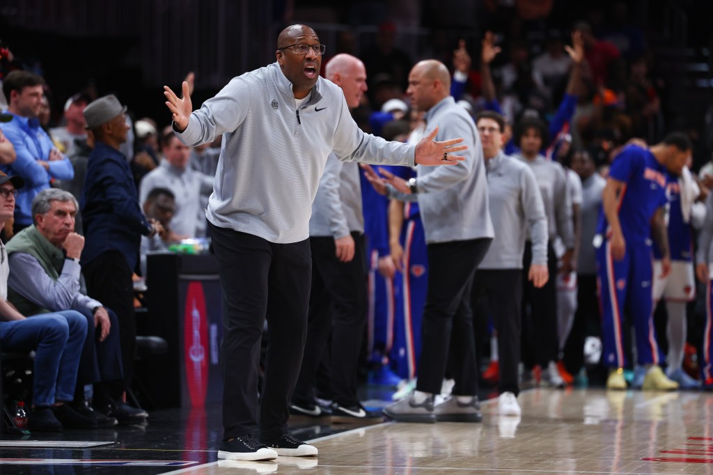 Knicks head coach Mike Brown reacts during the second half of an NBA basketball game against the Atlanta Hawks, Monday, April 6, 2026.
