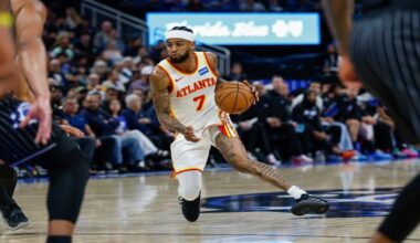 Atlanta Hawks guard Nickeil Alexander-Walker (7) drives down the court against the Orlando Magic during the first half of an NBA basketball game Wednesday, April 1, 2026, in Orlando, Fla. (AP Photo/Kevin Kolczynski)