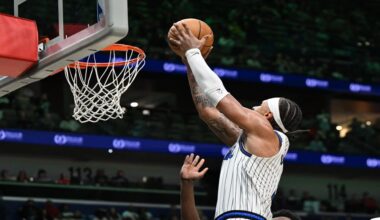 Orlando Magic forward Paolo Banchero (5) dunks in the second half against the New Orleans Pelicans in an NBA basketball game in New Orleans, Sunday, April 5, 2026. (AP Photo/Ella Hall)