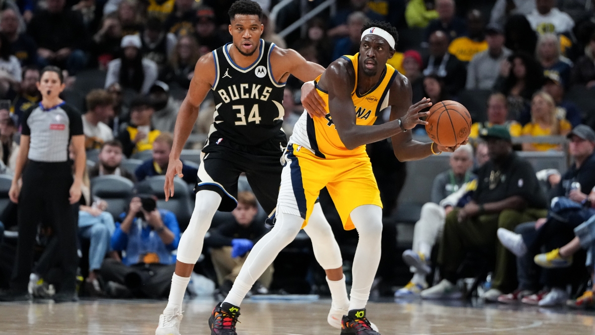Pascal Siakam #43 of the Indiana Pacers is guarded by Giannis Antetokounmpo #34 of the Milwaukee Bucks at Gainbridge Fieldhouse on November 03, 2025.