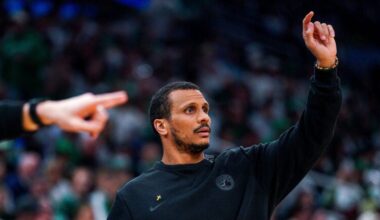 Boston Celtics head coach Joe Mazzulla during the 2nd quarter. The Boston Celtics hosted the Philadelphia 76’ers in Game 1 of the first round of the NBA Playoffs on Sunday, April 19, 2026 at TD Garden in Boston, MA.