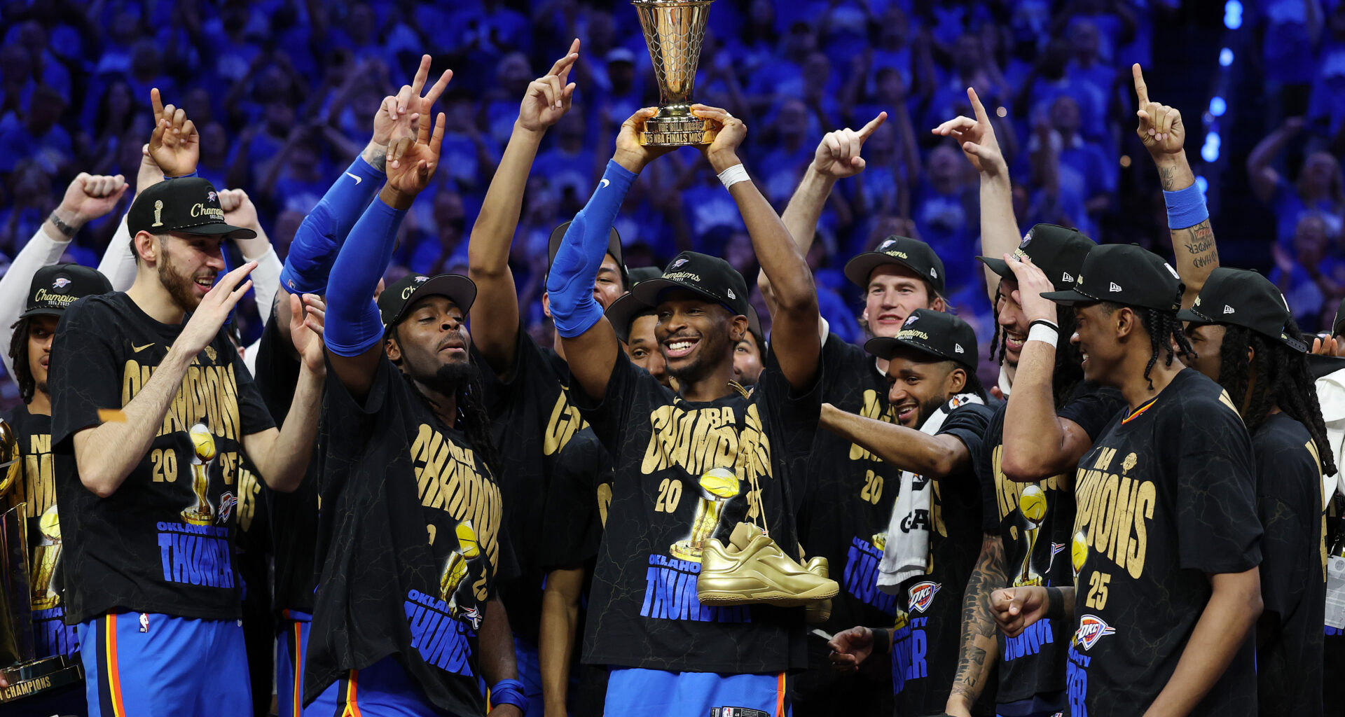 Shai Gilgeous-Alexander and the Oklahoma City Thunder celebrate winning the 2025 NBA Championship.