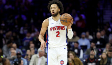 Cade Cunningham dribbles the ball up the court during a Detroit Pistons game in March 2025.