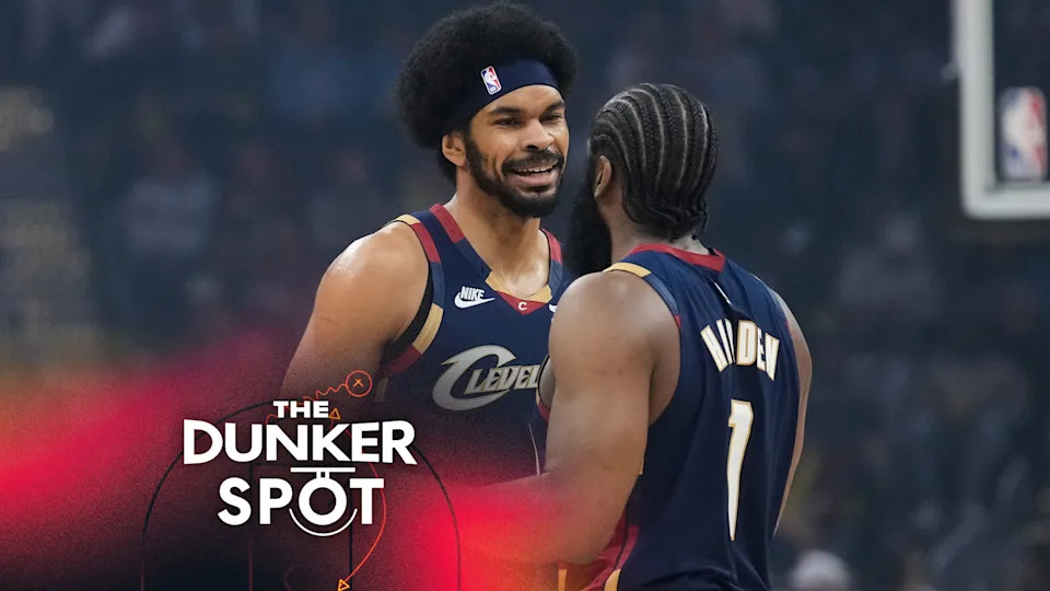 Cleveland Cavaliers center Jarrett Allen, left, celebrates with teammate James Harden (1) in the first half of an NBA basketball game against the Miami Heat in Cleveland, Friday, March 27, 2026. (AP Photo/Sue Ogrocki)