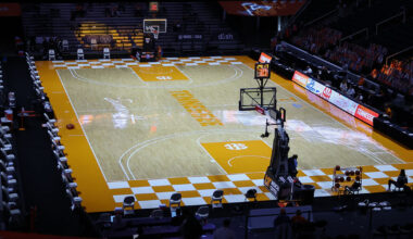 Feb 21, 2026; Auburn, Alabama, USA; Kentucky Wildcats guard Denzel Aberdeen (1) runs a play against the Auburn Tigers during the first half at Neville Arena. Mandatory Credit: John Reed-Imagn Images