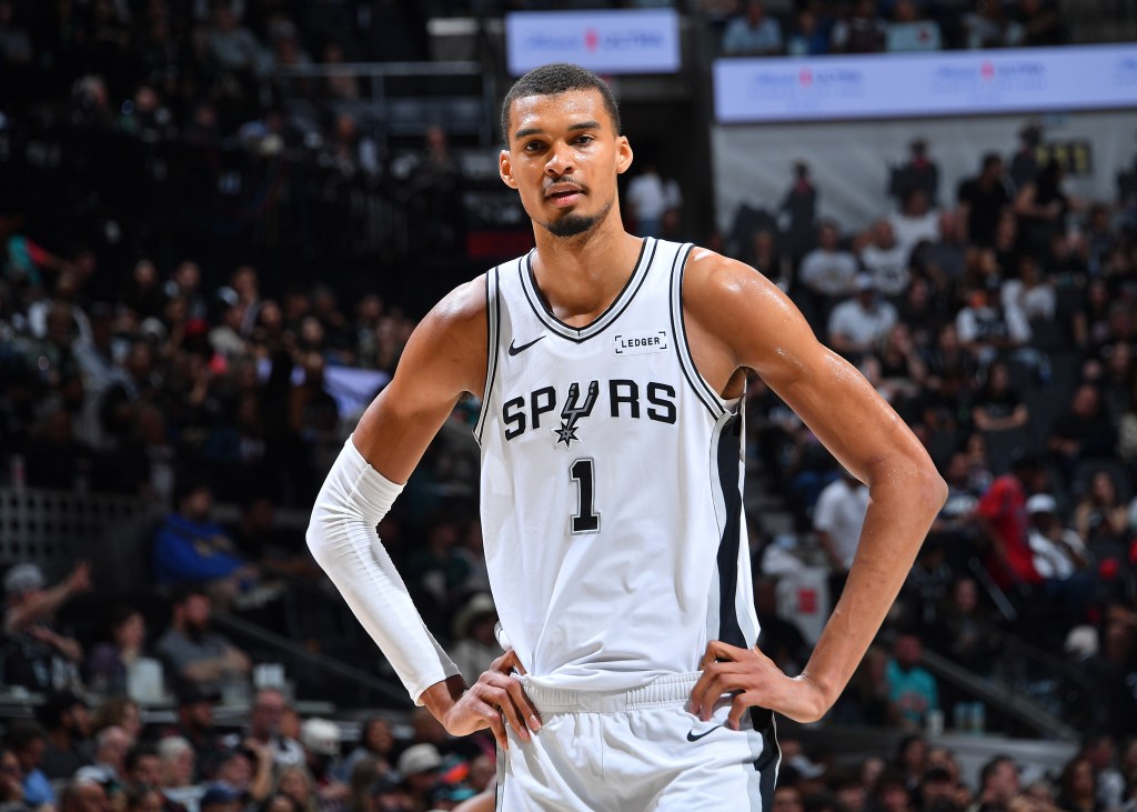 Victor Wembanyama of the San Antonio Spurs wearing a white jersey with number 1.