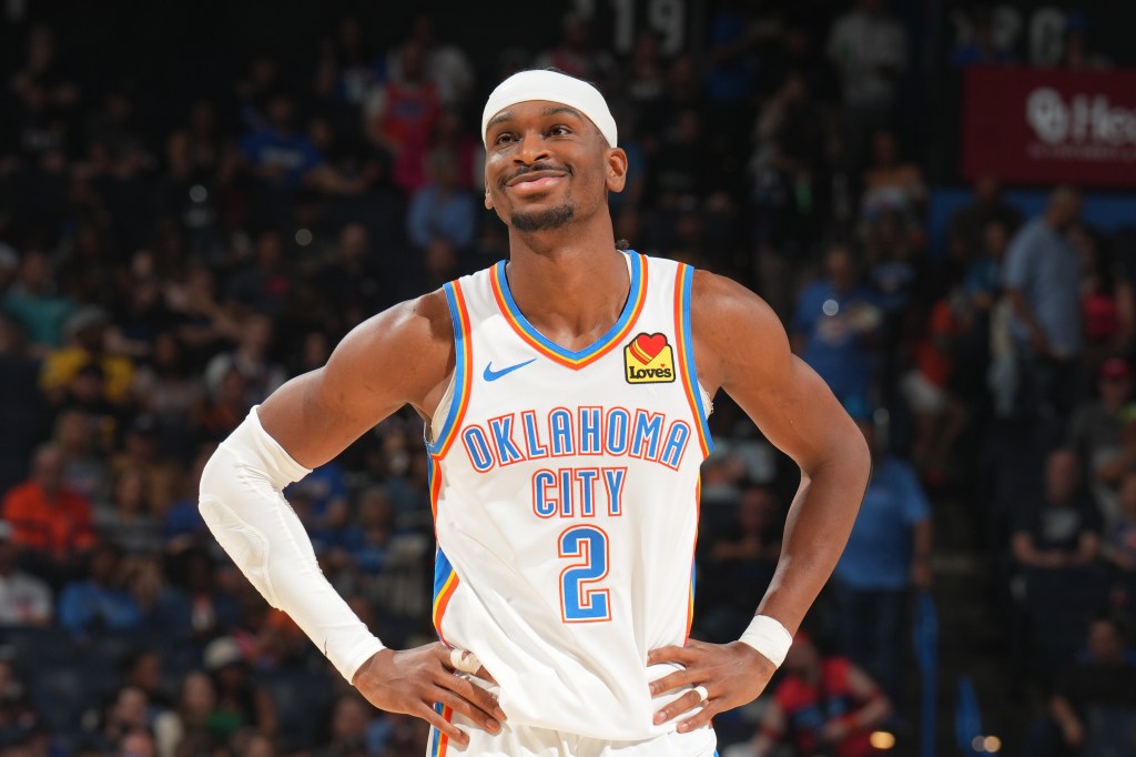 Shai Gilgeous-Alexander looking on during the game for the Oklahoma City Thunder.