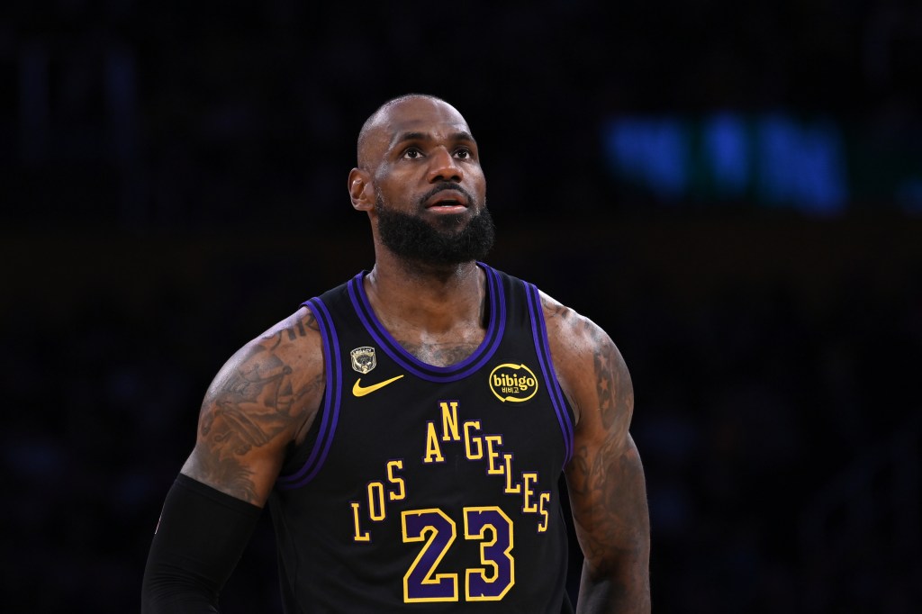 LeBron James of the Los Angeles Lakers looking up during a game.