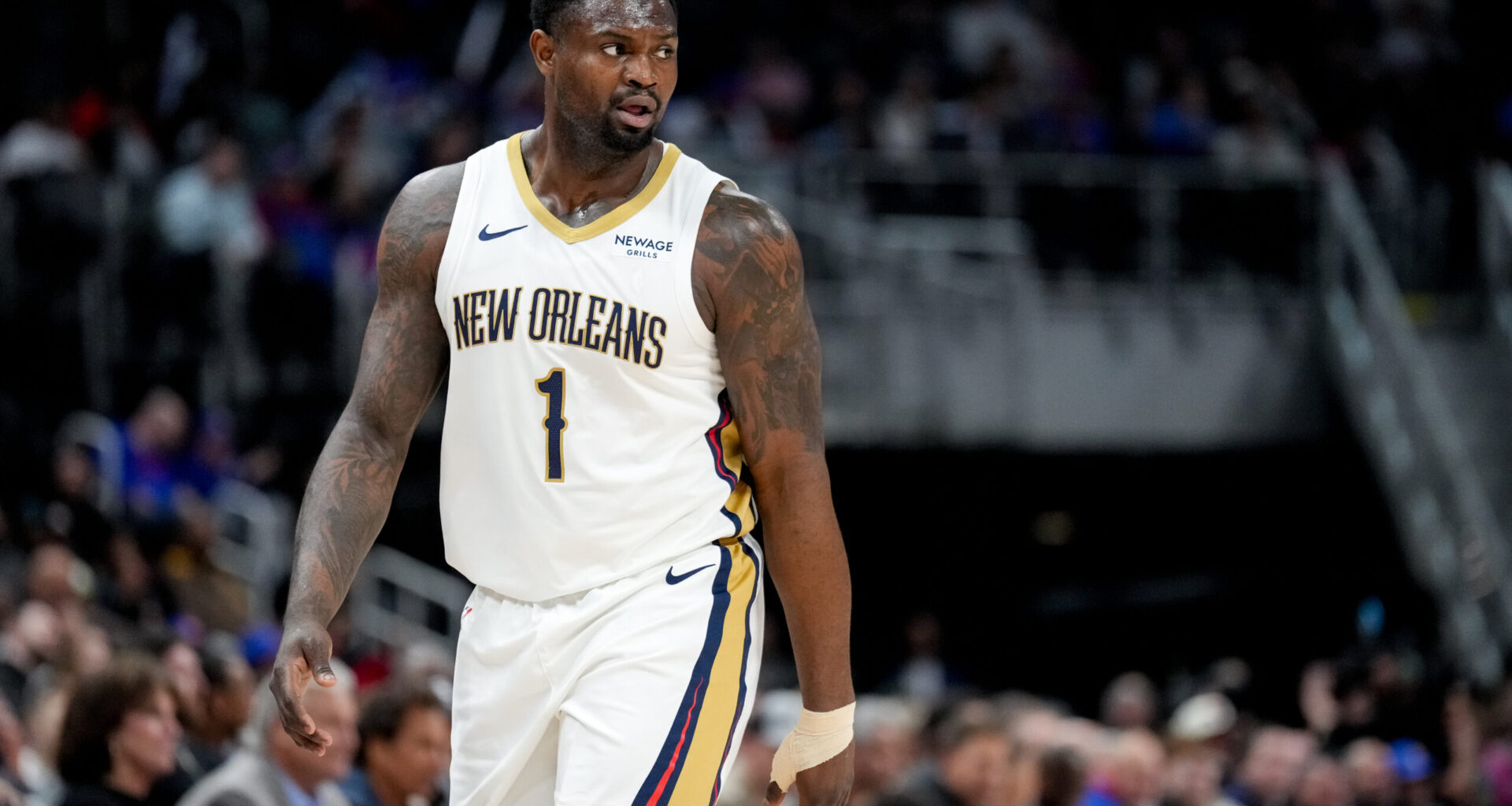 Zion Williamson #1 of the New Orleans Pelicans looking on during a game against the Detroit Pistons at Little Caesars Arena on March 26, 2026.