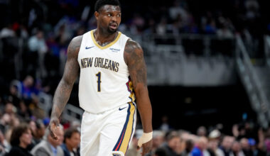 Zion Williamson #1 of the New Orleans Pelicans looking on during a game against the Detroit Pistons at Little Caesars Arena on March 26, 2026.
