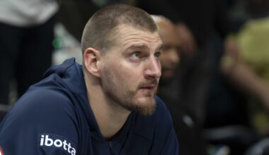 Apr 30, 2026; Minneapolis, Minnesota, USA; Denver Nuggets center Nikola Jokic (15) seats on the bench before the second half begins against the Minnesota Timberwolves during game six of the first round of the 2026 NBA Playoffs at Target Center. Mandatory Credit: Jesse Johnson-Imagn Images