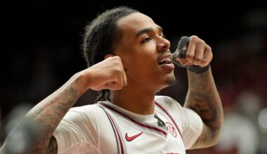 Mar 7, 2026; Tuscaloosa, AL, USA; Alabama guard Labaron Philon Jr. (0) flexes during a time out of the game with Auburn at Coleman Coliseum. Alabama defeated Auburn 96-84. Mandatory Credit: Gary Cosby Jr.-Tuscaloosa News
