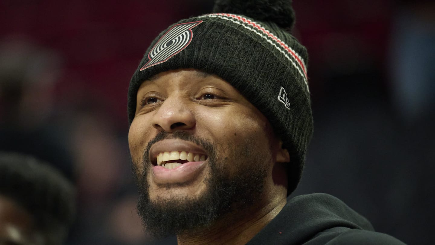 Nov 30, 2025; Portland, Oregon, USA; Portland Trail Blazers guard Damian Lillard (0) shares a laugh before a game against the Oklahoma City Thunder at Moda Center. Mandatory Credit: Troy Wayrynen-Imagn Images