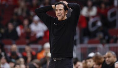 Miami Heat head coach Erik Spoelstra reacts (Mandatory Credit: Kamil Krzaczynski-Imagn Images)