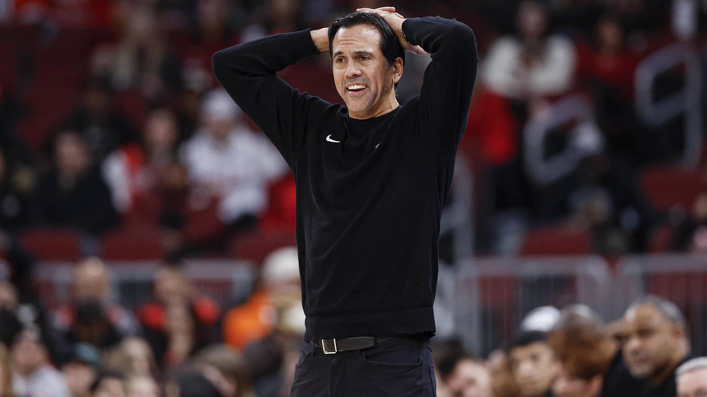 Miami Heat head coach Erik Spoelstra reacts (Mandatory Credit: Kamil Krzaczynski-Imagn Images)